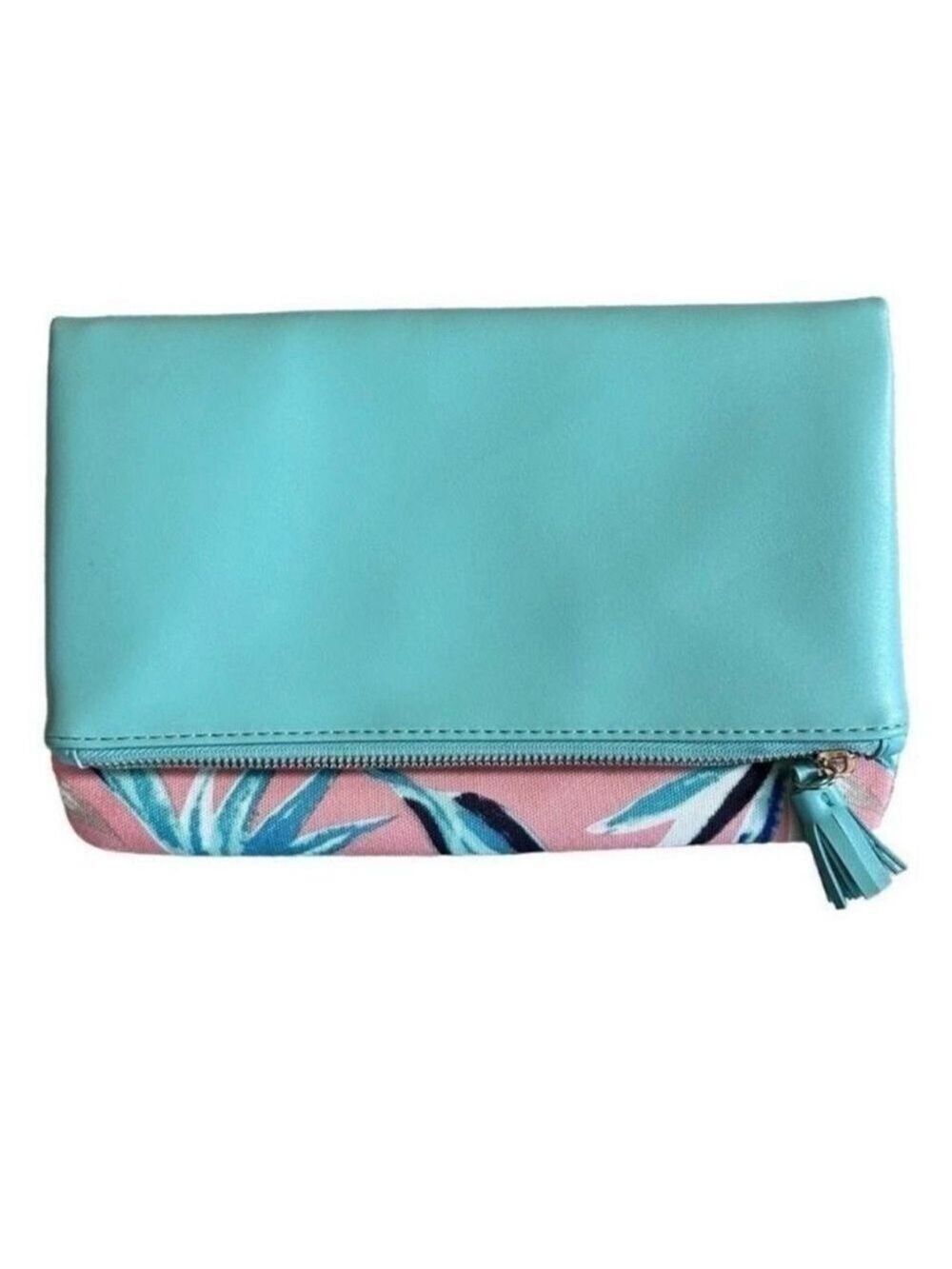 Rachel Pally Teal Pink Tropical Floral Leaf Pattern Reversible Fold Over Clutch